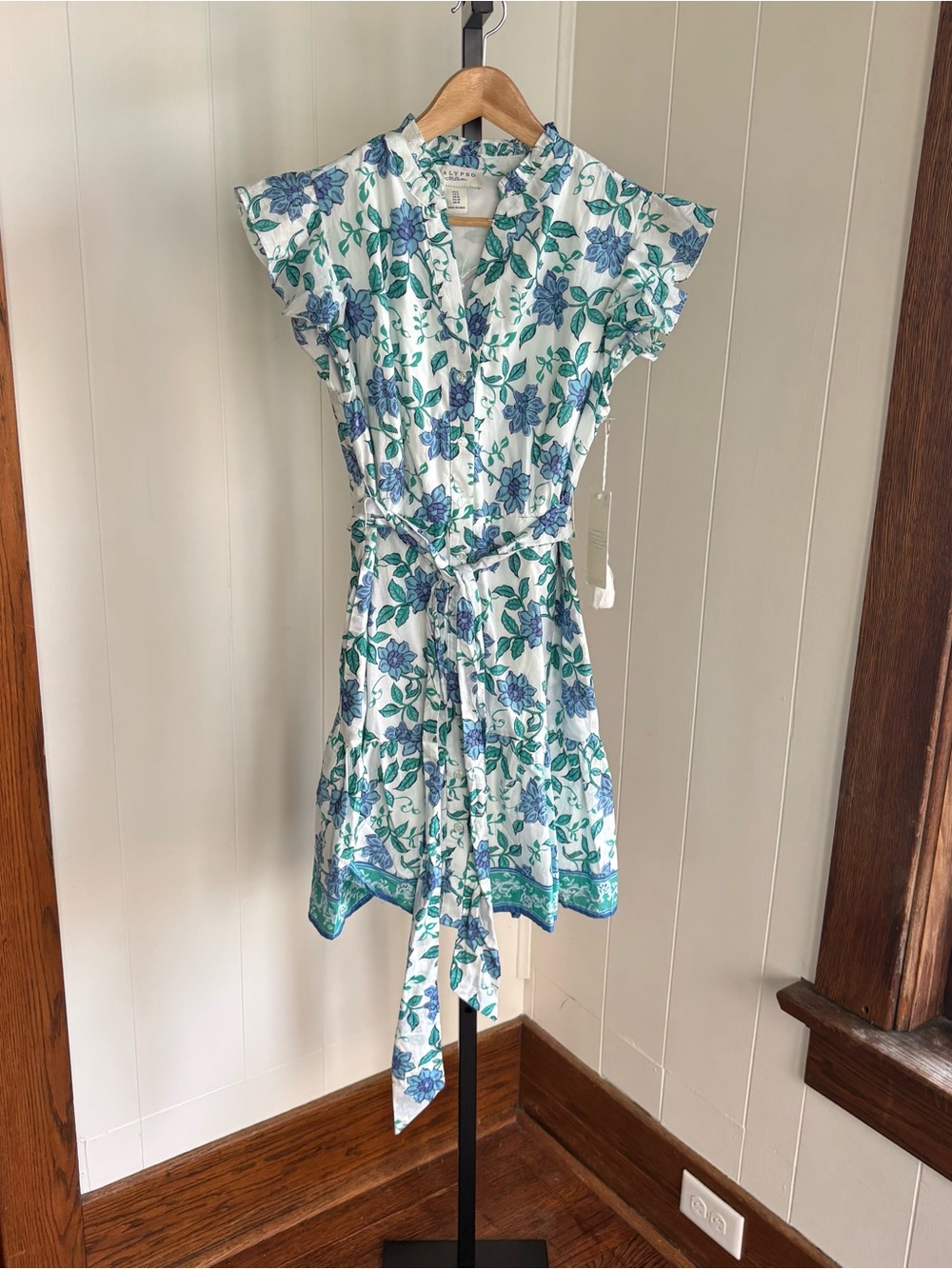 Calypso St. Barth Floral Mini Dress Blue Green Flutter Sleeve Womens 6 NWT